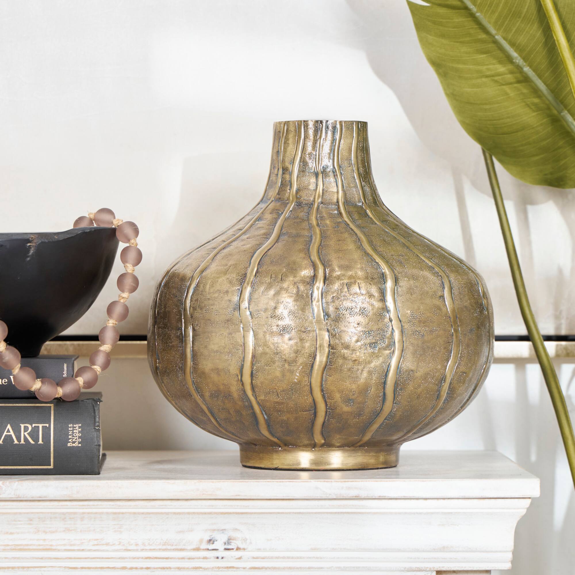 13" Brass Metal Wide Snakeskin Inspired Vase with Dimensional Wavy Accents